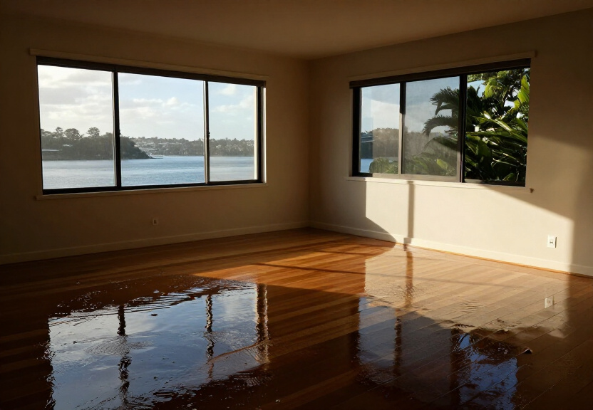 Flooded living room in Rosehill before restoration